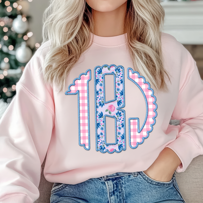 Pink & Blue Floral & Gingham - Custom Monogram Transfer