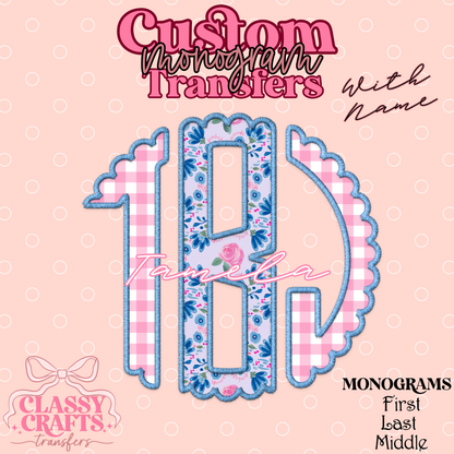 Pink & Blue Floral & Gingham - Custom Monogram Transfer