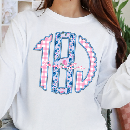 Pink & Blue Floral & Gingham - Custom Monogram Transfer