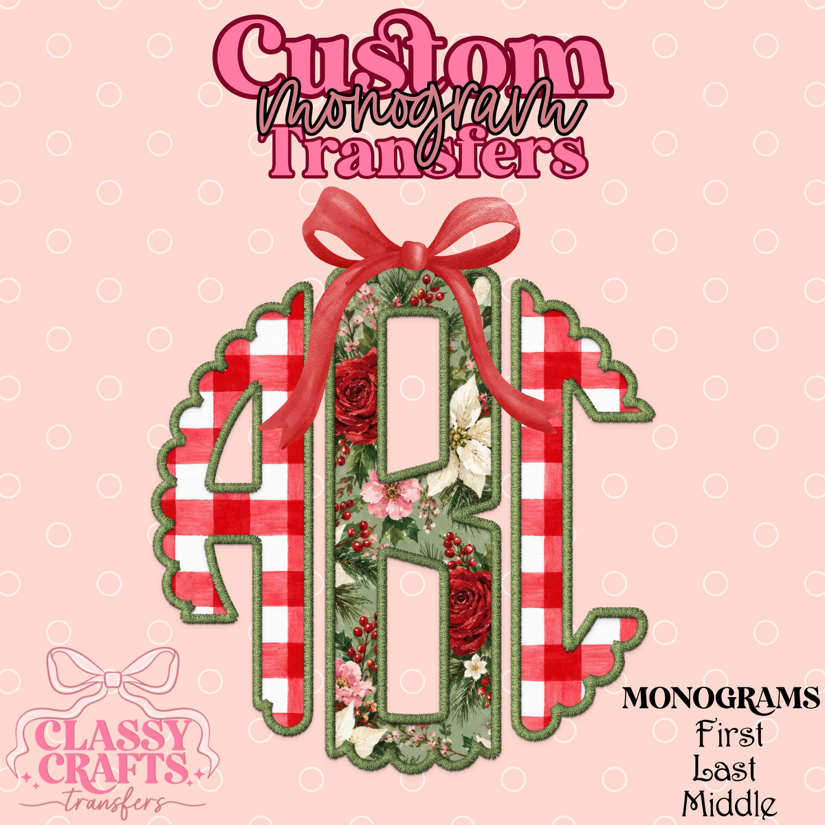 Christmas Floral Gingham - Custom Monogram Transfer