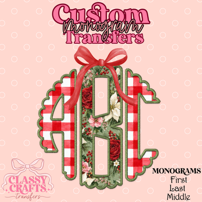 Christmas Floral Gingham - Custom Monogram Transfer