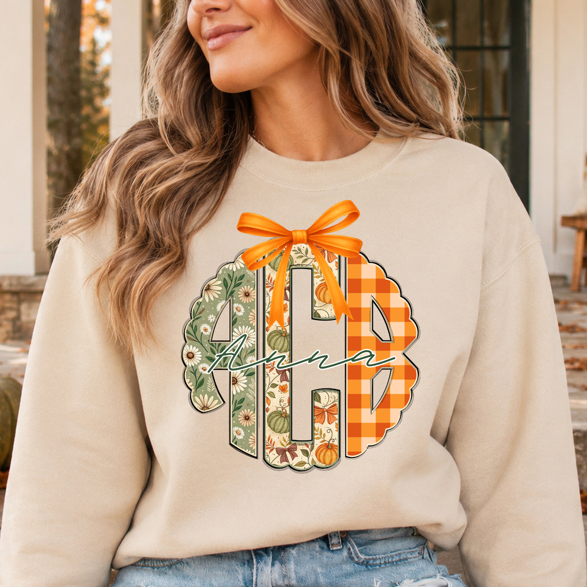 Fall Floral Pumpkin Gingham - Custom Monogram Transfer