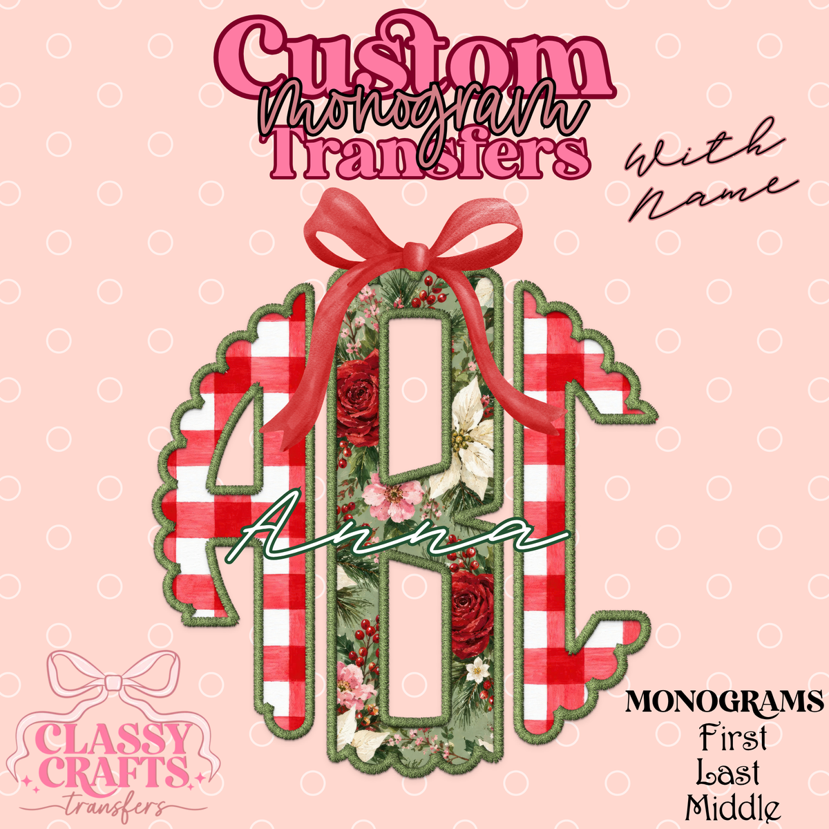 Christmas Floral Gingham - Custom Monogram Transfer
