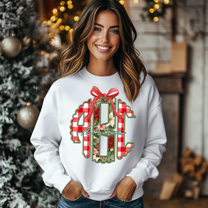 Christmas Floral Gingham - Custom Monogram Transfer