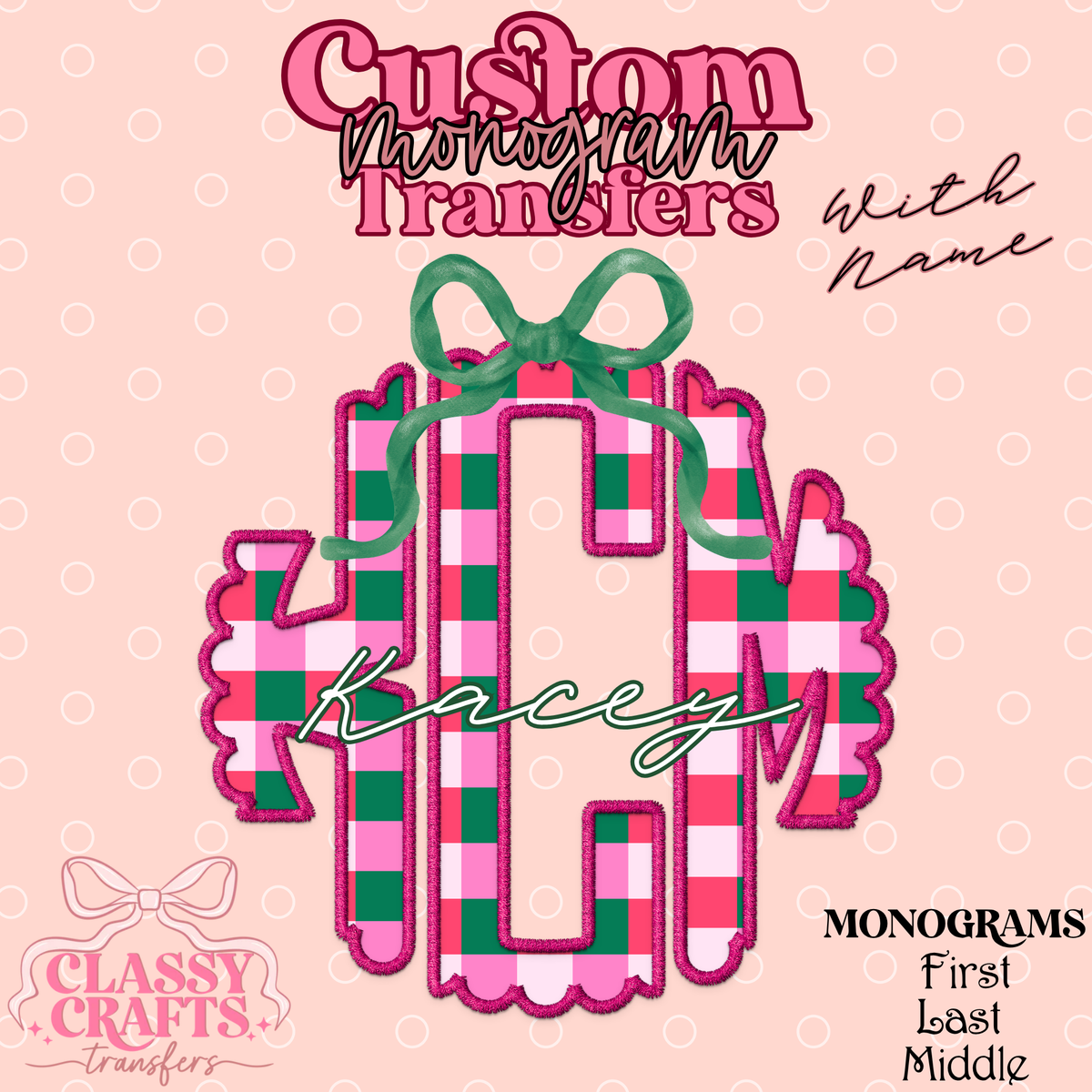 Pink Christmas Plaid - Custom Monogram Transfer