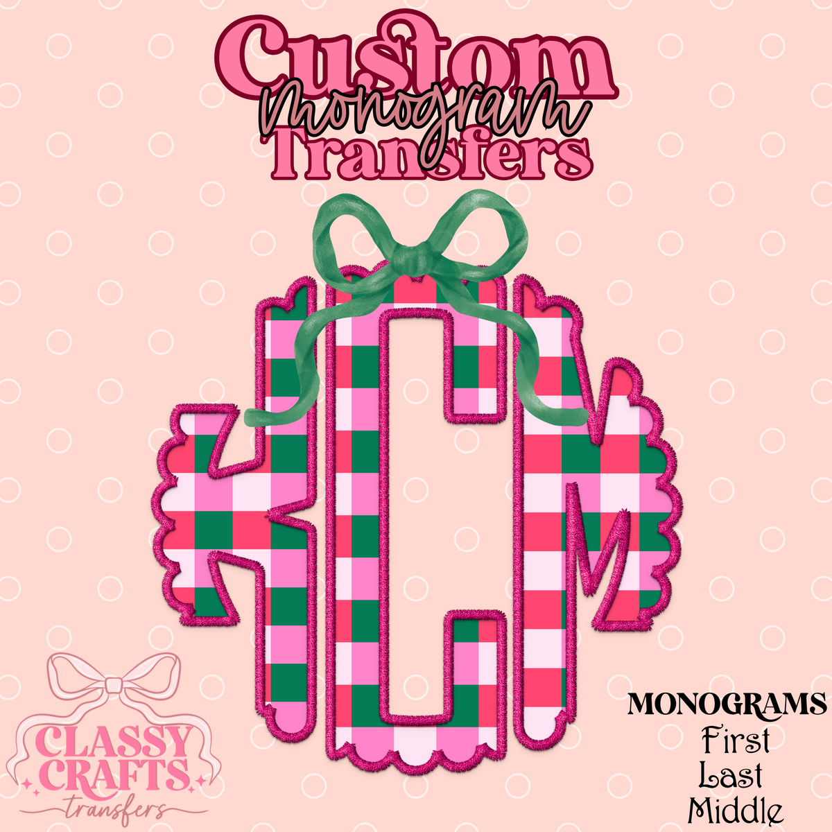 Pink Christmas Plaid - Custom Monogram Transfer