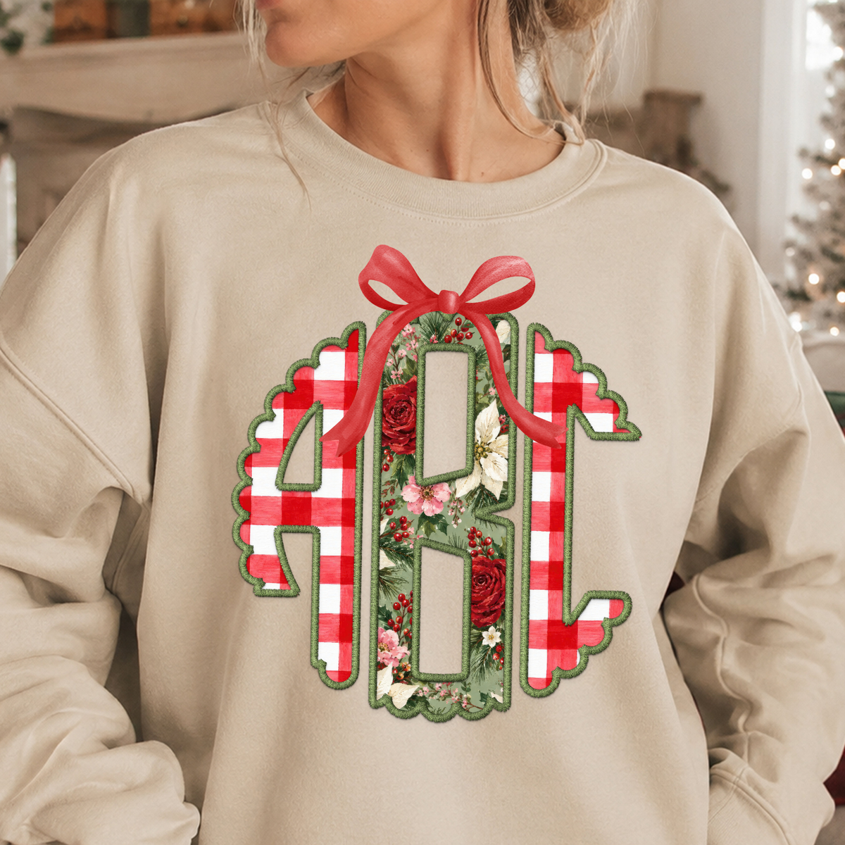Christmas Floral Gingham - Custom Monogram Transfer