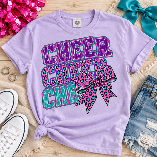 Cheer Stacked Leopard Print Letters with Bow DTF