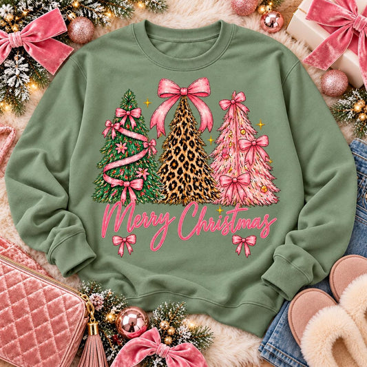 Merry Christmas Pink Leopard & Green Trees with Bows (DTF)