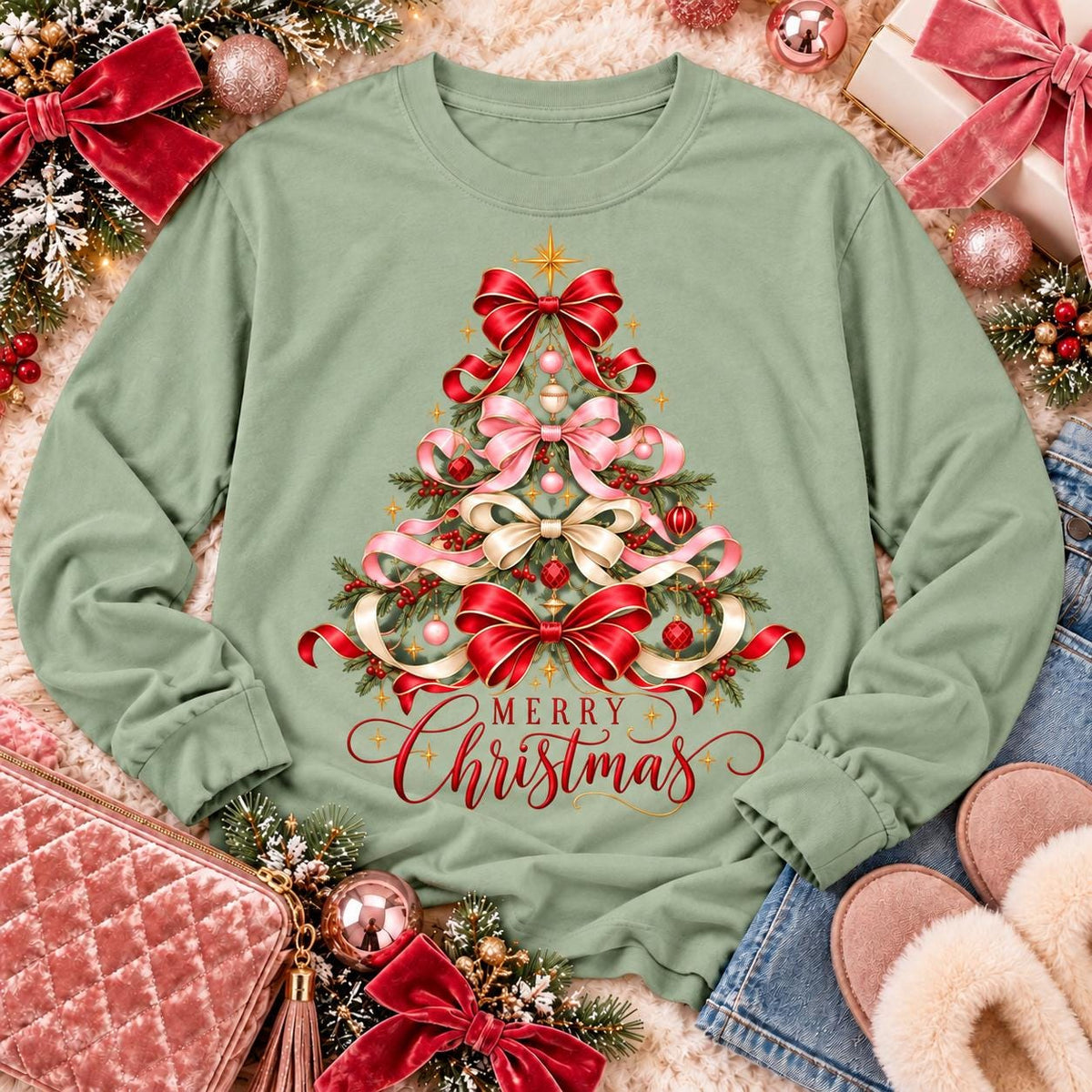 Merry Christmas Elegant Bow Tree with Ornaments (DTF)