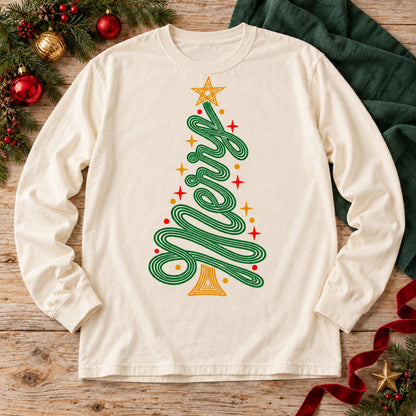 Merry Swirling Script Christmas Tree with Star Topper (DTF)