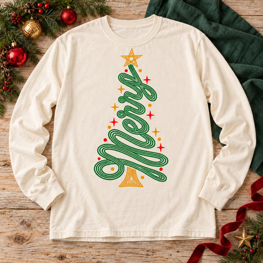 Merry Swirling Script Christmas Tree with Star Topper (DTF)