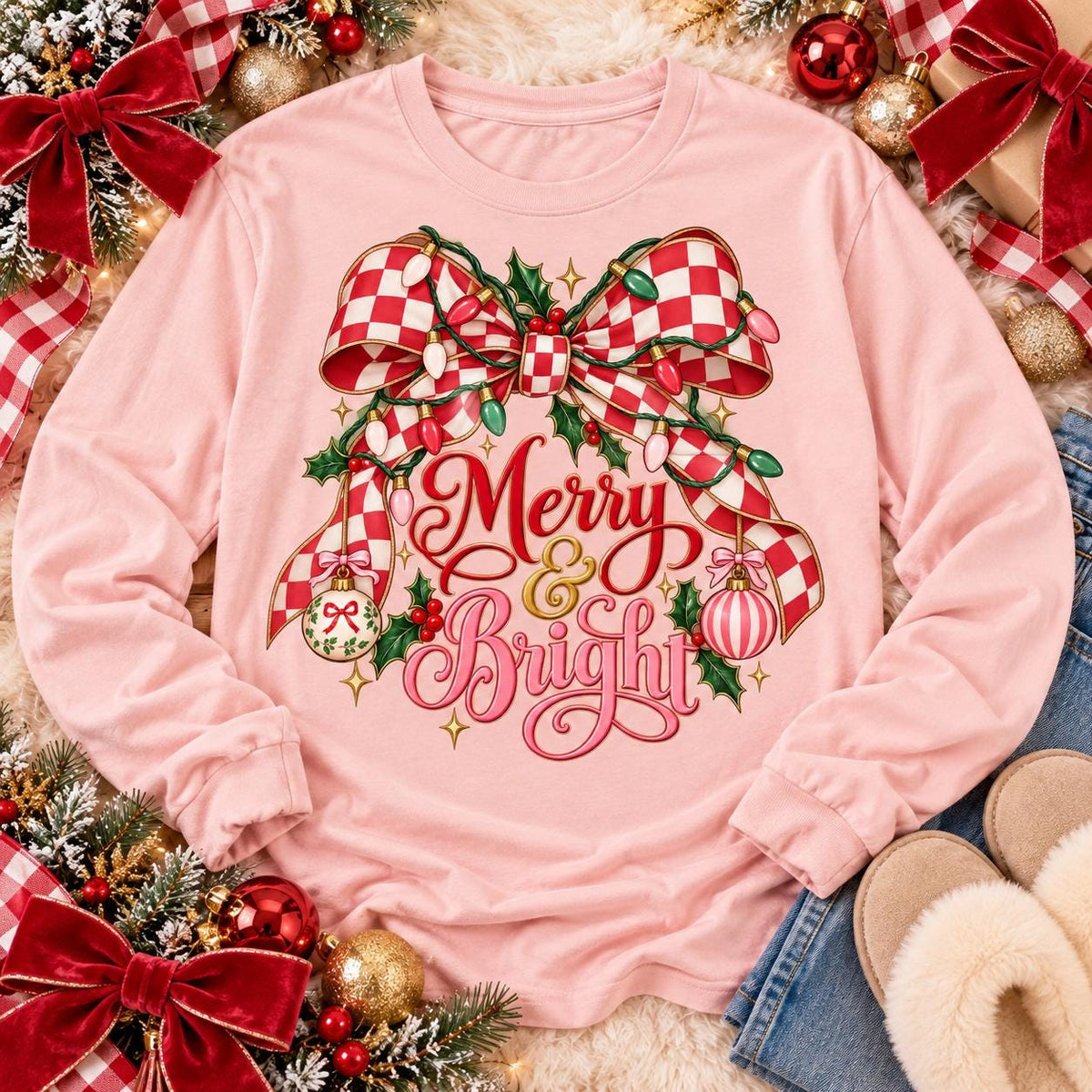 Merry & Bright Red Checkered Bow Christmas Lights Holly (DTF)