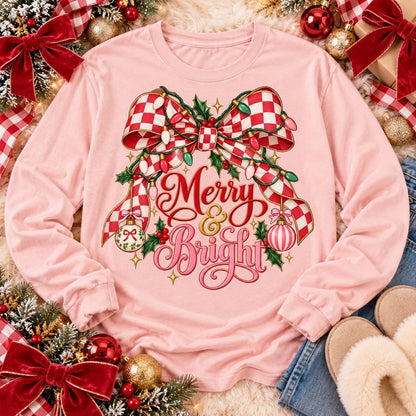 Merry & Bright Red Checkered Bow Christmas Lights Holly (DTF)
