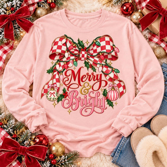 Merry & Bright Red Checkered Bow Christmas Lights Holly (DTF)