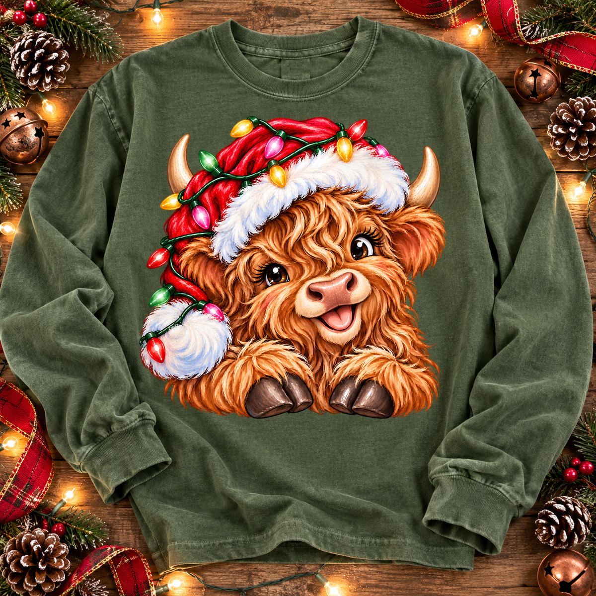 Cute Fluffy Baby Highland Cow Santa Hat Christmas Lights (DTF)