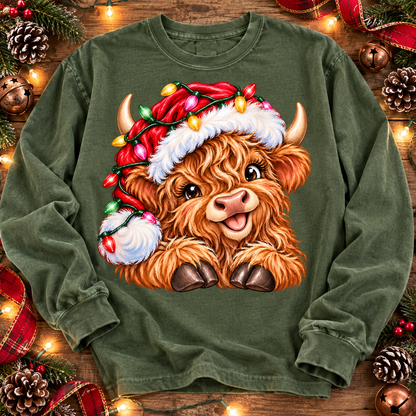 Cute Fluffy Baby Highland Cow Santa Hat Christmas Lights (DTF)