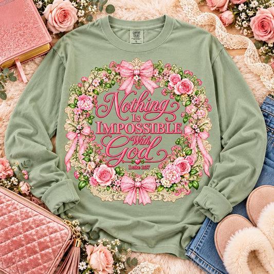 Nothing Is Impossible With God Luke 1:37 Pink Floral Wreath (DTF)