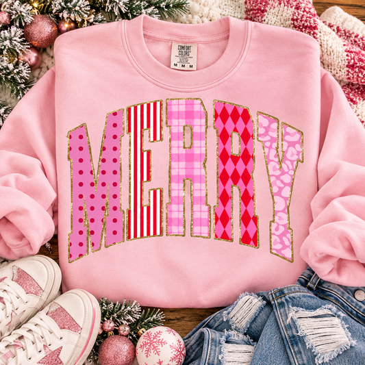 Merry Mixed Pink Patterns Gold Glitter Varsity Letters (DTF)