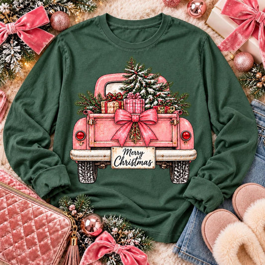Merry Christmas Pink Vintage Truck with Tree & Gifts (DTF)