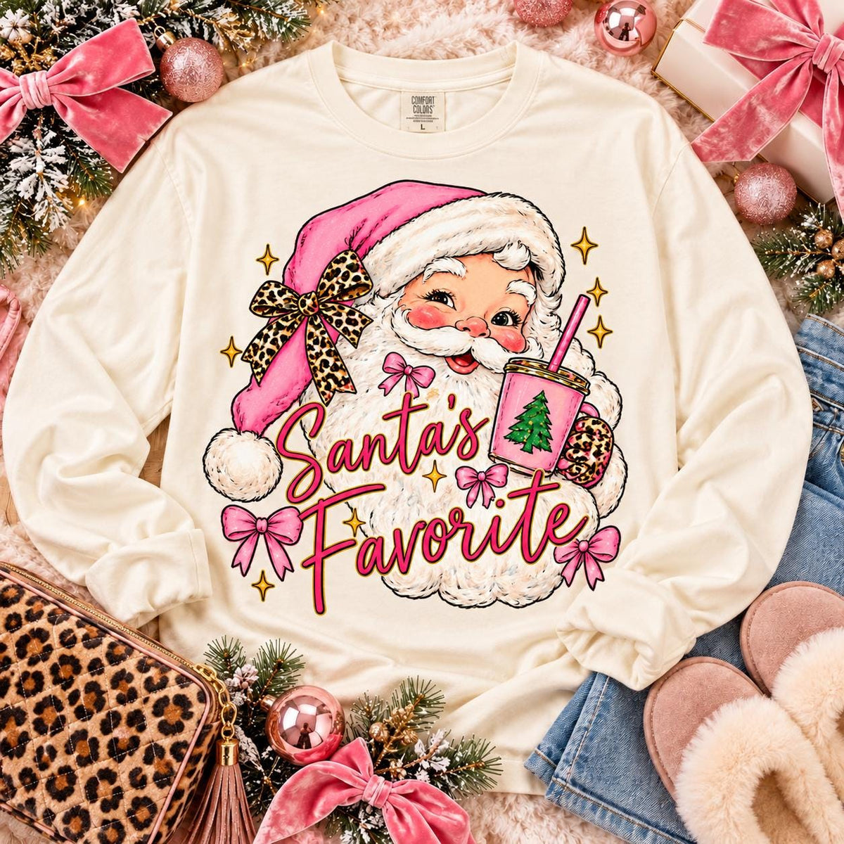 Santa's Favorite Pink Leopard Bow Holiday Santa (DTF)