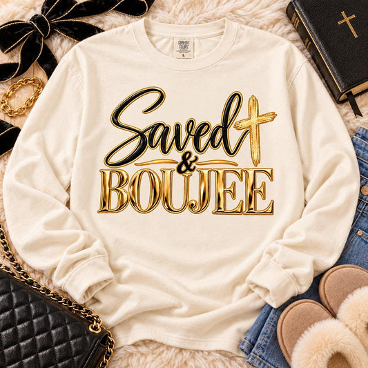 Saved & Boujee Gold Cross Heart Faith Design (DTF)