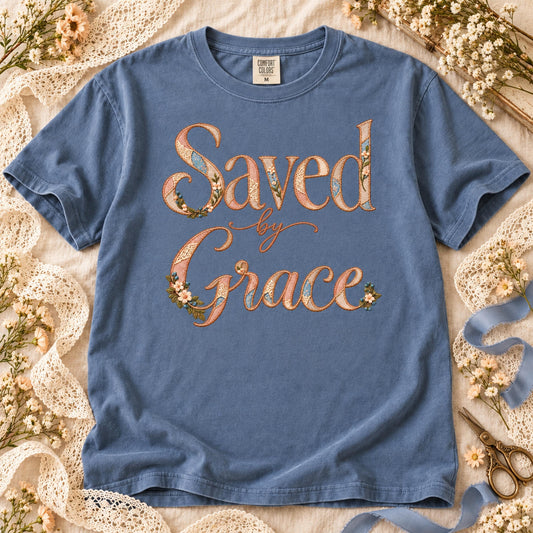 Saved by Grace Floral Patchwork Embroidered Script (DTF)