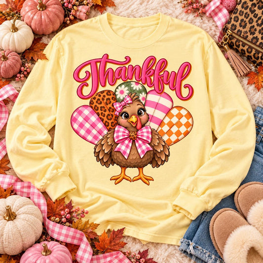 Thankful Cute Turkey Pink Gingham Bow Patterned Feathers (DTF)
