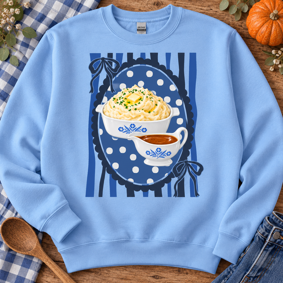 Mashed Potatoes with Butter and Gravy Boat Blue Floral (DTF)
