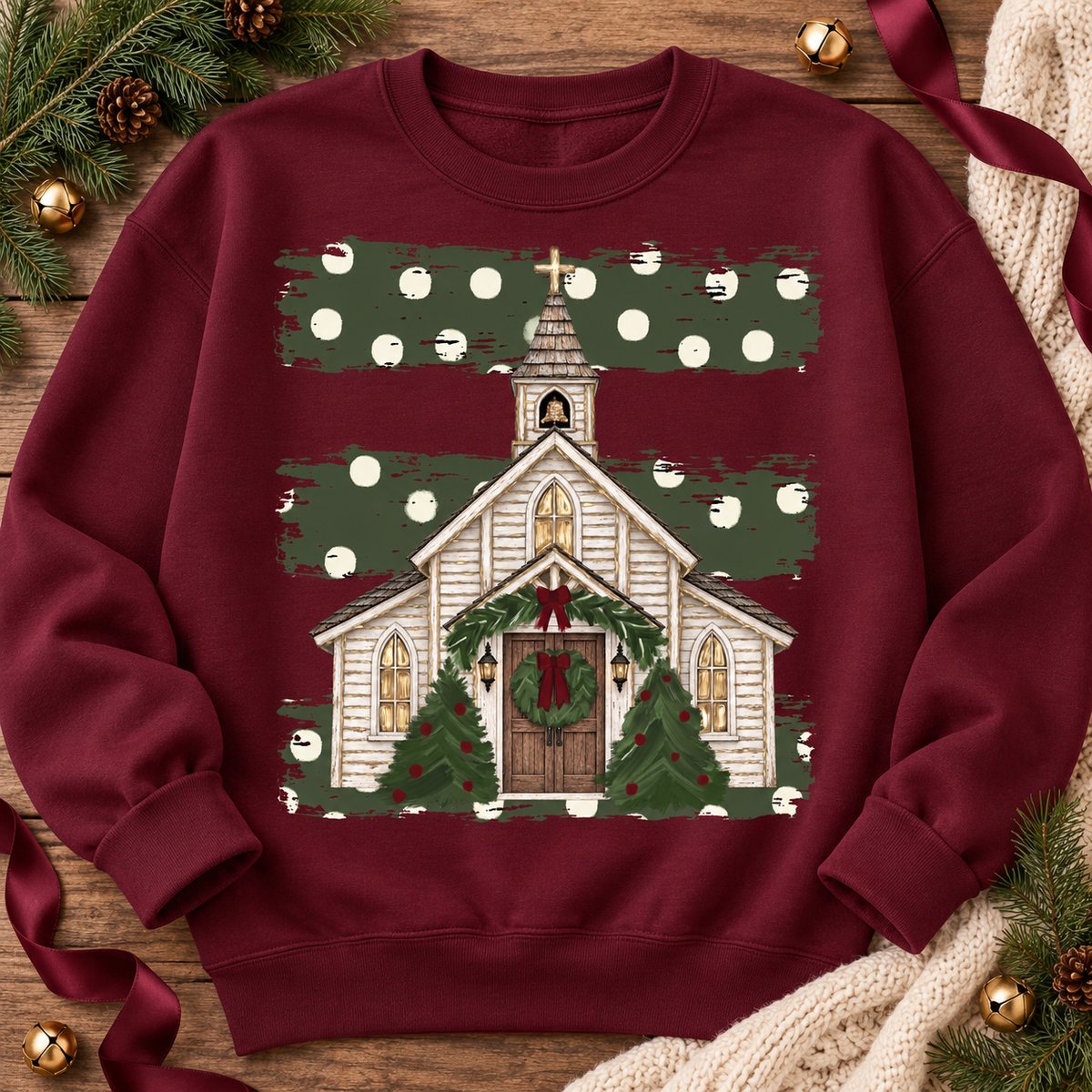 Rustic White Christmas Chapel with Wreaths and Snow (DTF)