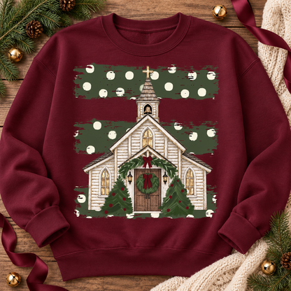 Rustic White Christmas Chapel with Wreaths and Snow (DTF)