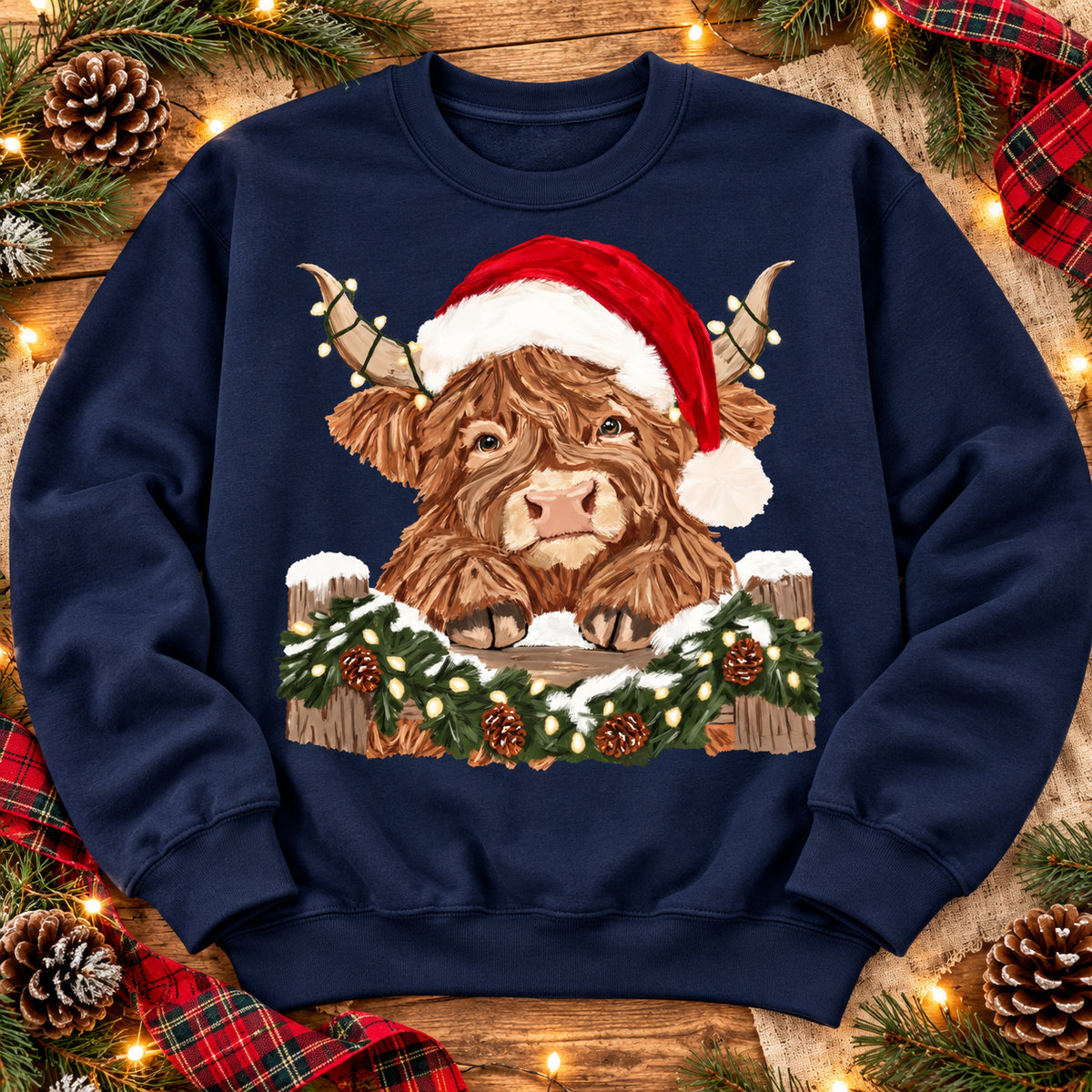 Fluffy Highland Cow Santa Hat Christmas Fence Garland (DTF)