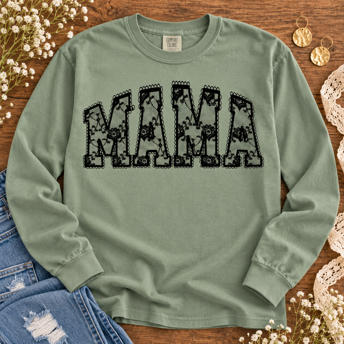 Black Lace Floral MAMA Bold Letter Design (DTF)