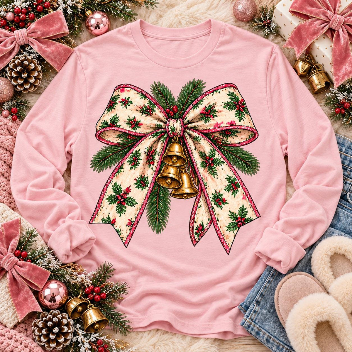 Vintage Holly Ribbon Bow with Gold Jingle Bells (DTF)
