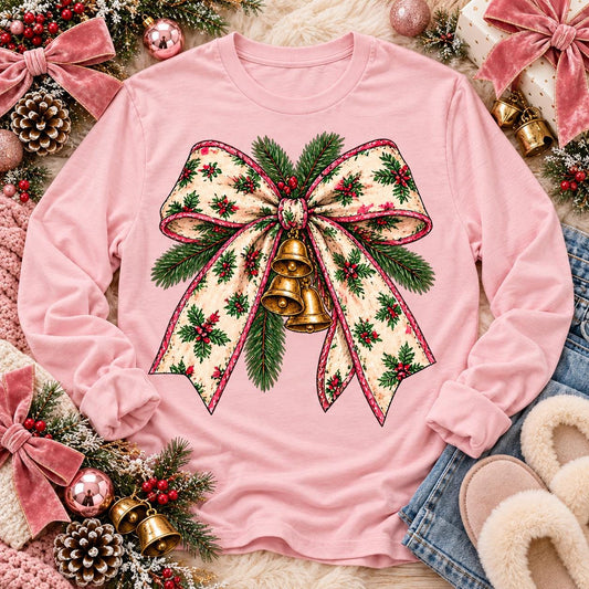 Vintage Holly Ribbon Bow with Gold Jingle Bells (DTF)