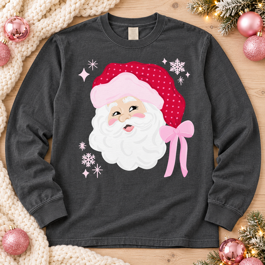 Girly Santa Claus Pink Polka Dot Hat Bow Snowflakes (DTF)