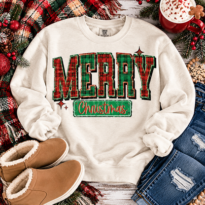 Merry Christmas Red Green Plaid Bold Retro Lettering (DTF)