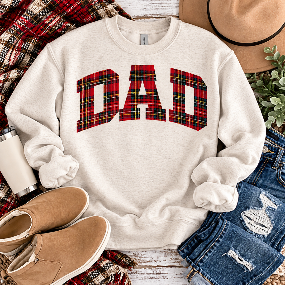 Red Plaid Flannel DAD Bold Varsity Letters (DTF)