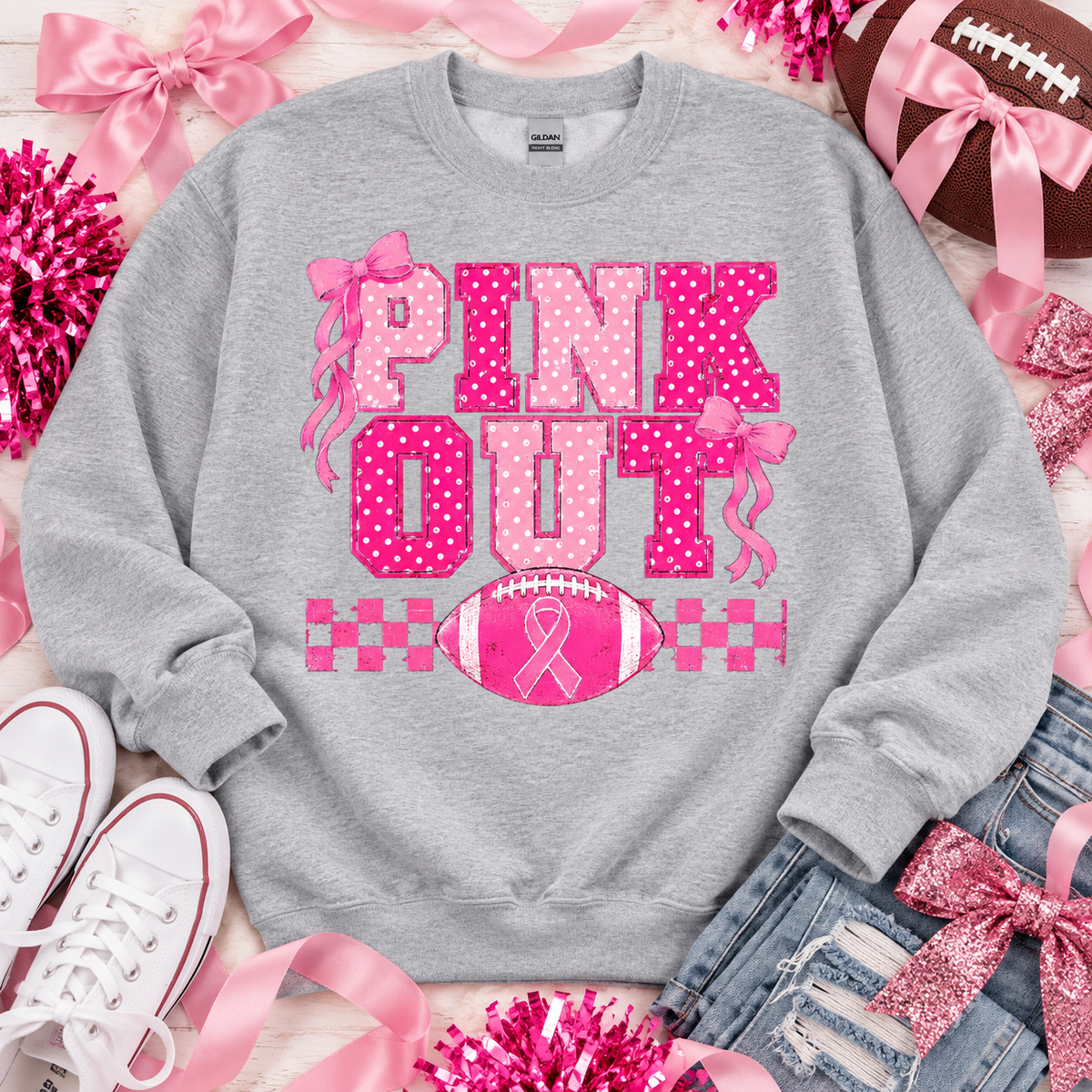 Pink Out Football Breast Cancer Awareness Ribbon Bows (DTF)