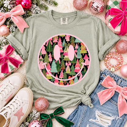 Pink Smiley Face Christmas Trees with Bows Pattern (DTF)