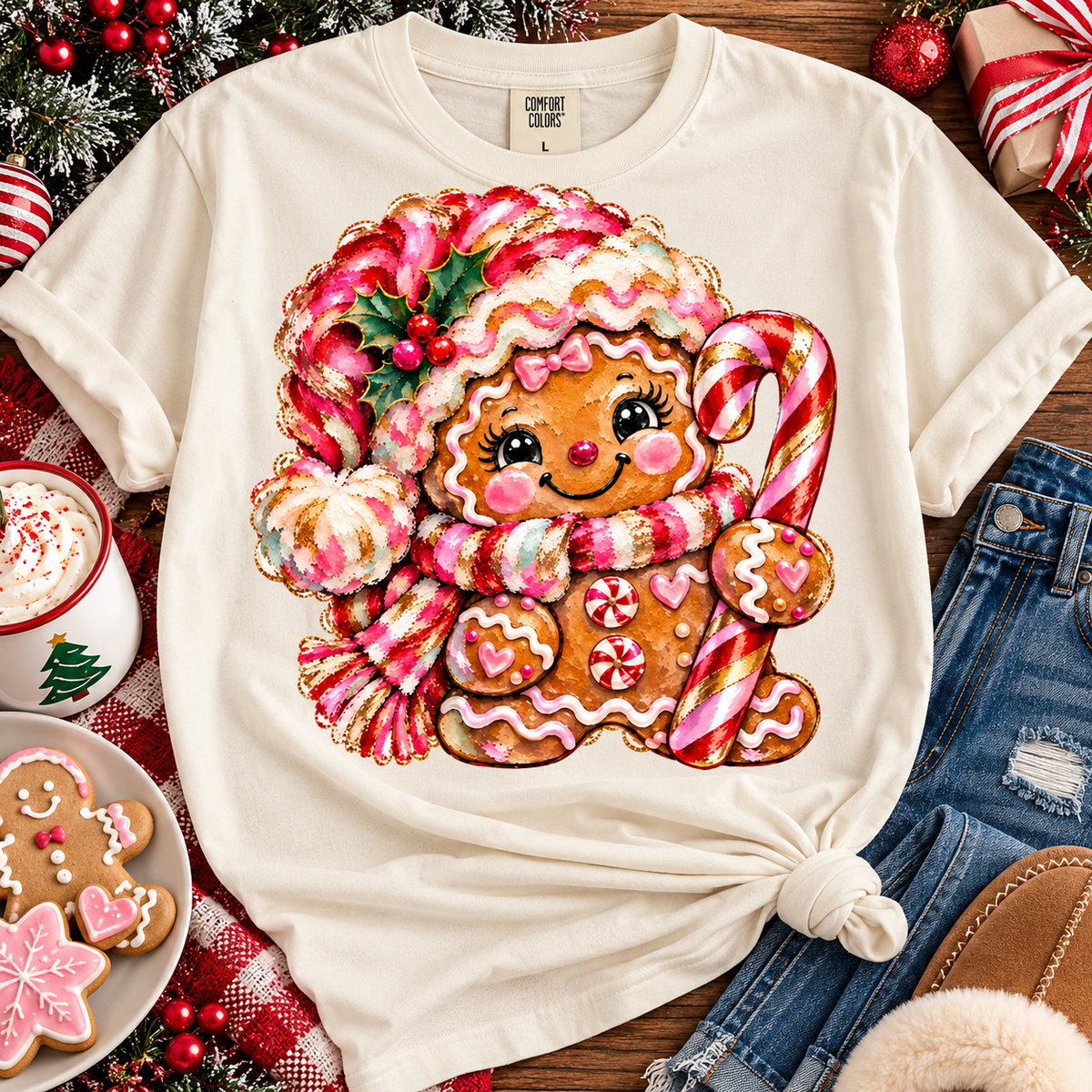 Cute Gingerbread Girl Candy Cane Holly Christmas (DTF)