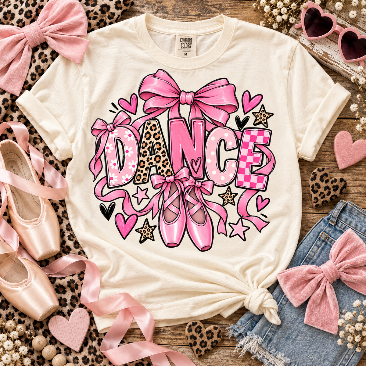 Pink Dance Ballet Shoes Bows Leopard Mixed Letters (DTF)