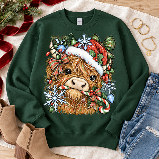 Fluffy Highland Cow Santa Hat Candy Cane Christmas (DTF)