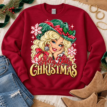 Holly Dolly Christmas Curly Blonde Country Girl Chest Print Only (DTF)