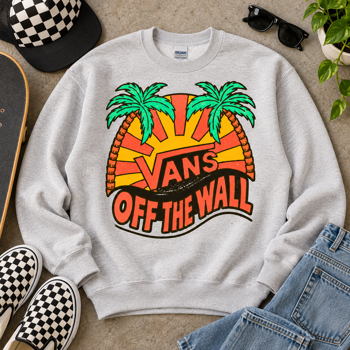 Vintage Off The Wall Palm Tree Sunset Distressed Logo (DTF)
