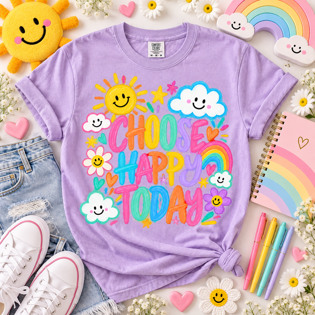 Choose Happy Today Colorful Smiley Sun Rainbow Floral (DTF)