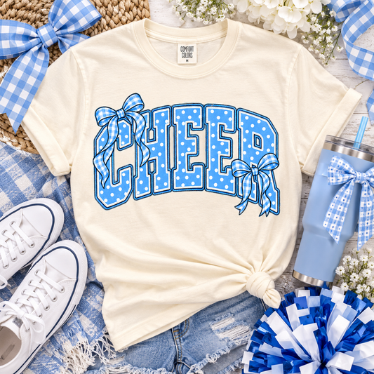 Blue Polka Dot CHEER Arched Letters with Gingham Bows (DTF)