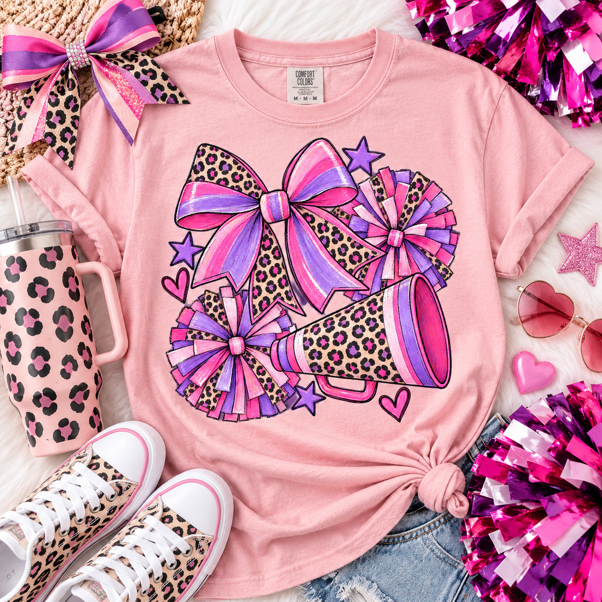 Pink Purple Leopard Cheer Bows Pom Poms Megaphone (DTF)