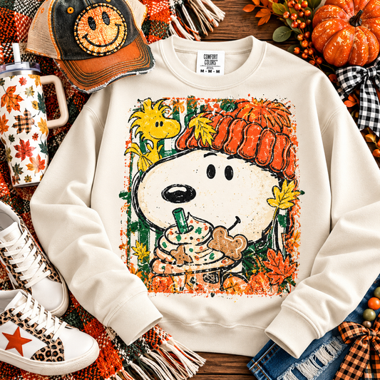 Cartoon Dog Thanksgiving Pumpkin Hat Fall Leaves Splatter (DTF)