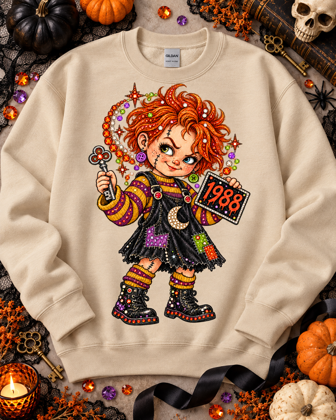 Spooky Rag Doll Girl 1988 Rhinestone Key Halloween (DTF)